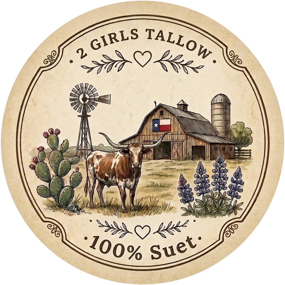 2 Girls Tallow logo: a round, vintage-style emblem showing a longhorn in front of a barn with a Texas flag