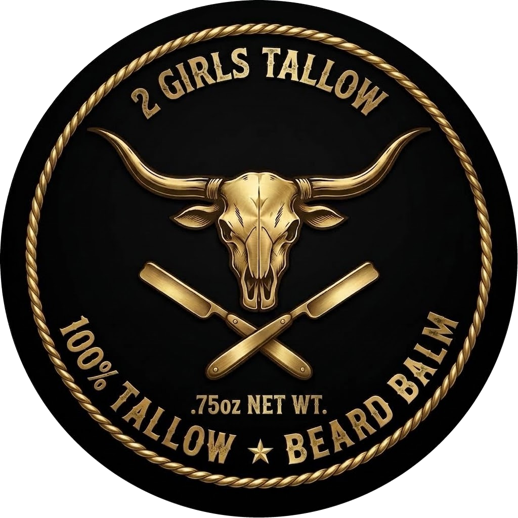2 Girls Tallow Beard Balm logo: gold longhorn skull over crossed razors in a gold rope border, with "100% Tallow Beard Balm" on a black round emblem