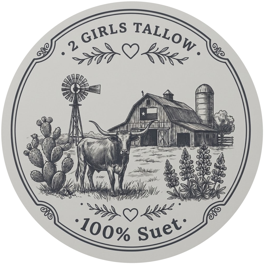 2 Girls Tallow round emblem showing a longhorn, barn, and windmill with the words "100% Suet"