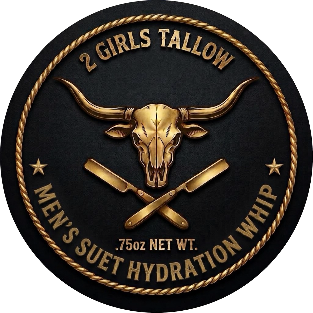 2 Girls Tallow Men's Suet Hydration Whip logo: gold longhorn skull over crossed razors on a black round emblem