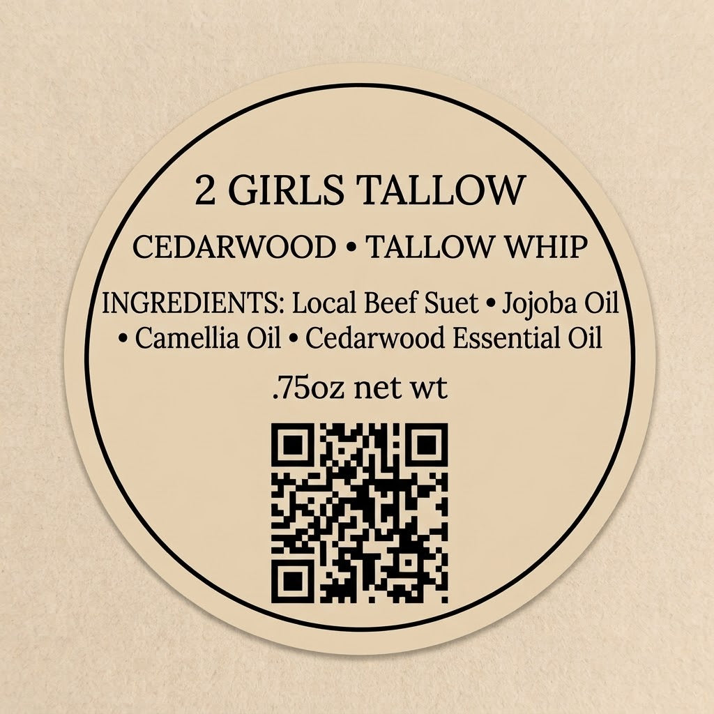 Round tan label reading "2 Girls Tallow, Cedarwood, Tallow Whip." Ingredients: local beef suet, jojoba oil, camellia oil, cedarwood essential oil. .75oz net wt. A QR code sits at the bottom.