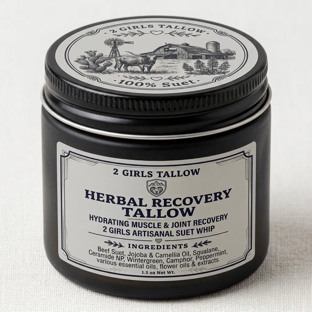 Black glass jar with a black screw lid, on a light linen background. The silver lid label shows an engraved-style farm scene with a longhorn, barn, windmill and cactus, ringed by "2 Girls Tallow" and "100% Suet." The front label reads "2 Girls Tallow, Herbal Recovery Tallow, Hydrating Muscle & Joint Recovery, 2 Girls Artisanal Suet Whip," with ingredients beef suet, jojoba and camellia oil, squalane, ceramide NP, wintergreen, camphor, peppermint, and various essential oils, flower oils and extracts. 1.5 oz 