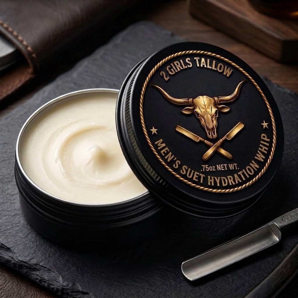Open black tin of creamy off-white men's suet hydration whip, its lid propped beside it showing a gold longhorn skull and crossed straight razors inside a rope border. Lid text reads "2 Girls Tallow, Men's Suet Hydration Whip, .75oz net wt." The tin sits on a dark slate board next to a straight razor, with a leather wallet in the background.