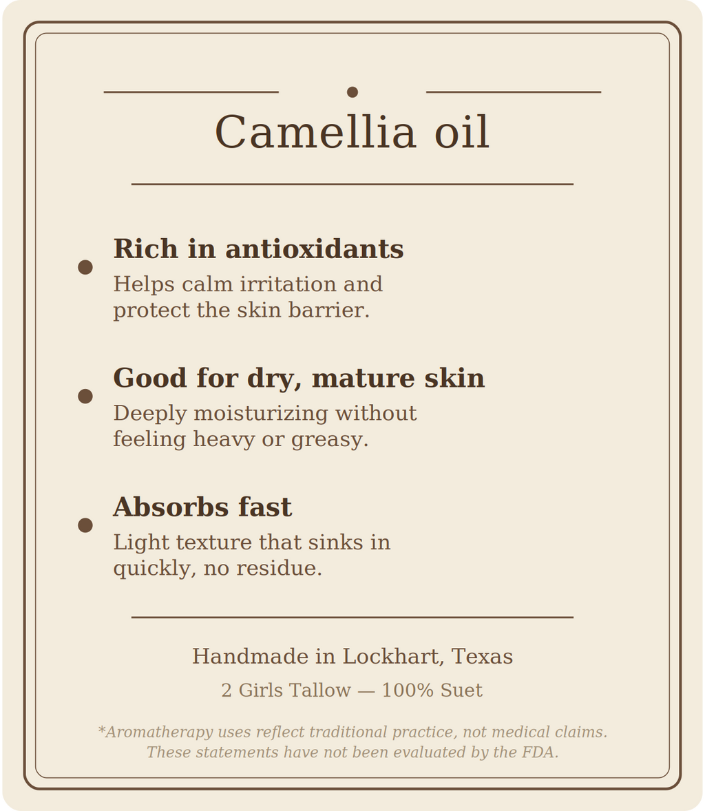 Beige card titled "Camellia oil" listing three benefits: rich in antioxidants (helps calm irritation and protect the skin barrier), good for dry, mature skin (deeply moisturizing without feeling heavy or greasy), and absorbs fast (light texture that sinks in quickly, no residue). Footer reads "Handmade in Lockhart, Texas. 2 Girls Tallow, 100% suet," followed by a note that aromatherapy uses reflect traditional practice, not medical claims, and that these statements have not been evaluated by the FDA.