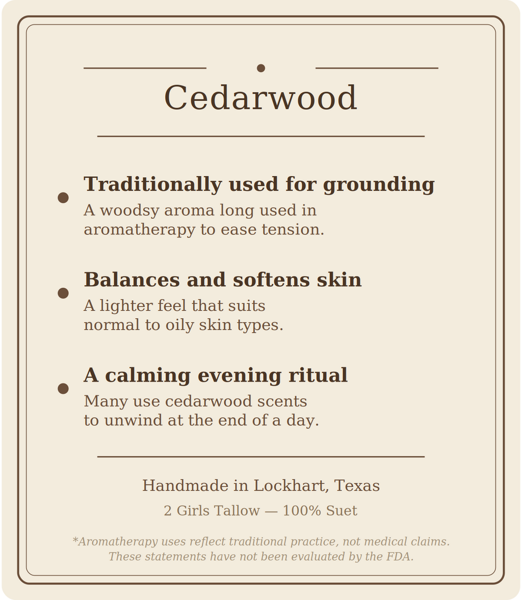 Beige card titled "Cedarwood" listing three points: traditionally used for grounding (a woodsy aroma long used in aromatherapy to ease tension), balances and softens skin (a lighter feel that suits normal to oily skin types), and a calming evening ritual (many use cedarwood scents to unwind at the end of a day). Footer reads "Handmade in Lockhart, Texas. 2 Girls Tallow, 100% suet," followed by a note that aromatherapy uses reflect traditional practice, not medical claims, and that these statements have not 