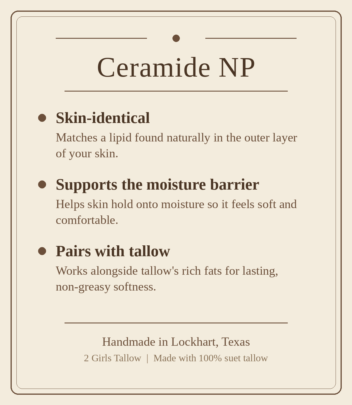 Beige card titled "Ceramide NP" listing three benefits: skin-identical (matches a lipid found naturally in the outer layer of your skin), supports the moisture barrier (helps skin hold onto moisture so it feels soft and comfortable), and pairs with tallow (works alongside tallow's rich fats for lasting, non-greasy softness). Footer reads "Handmade in Lockhart, Texas. 2 Girls Tallow | Made with 100% suet tallow."
