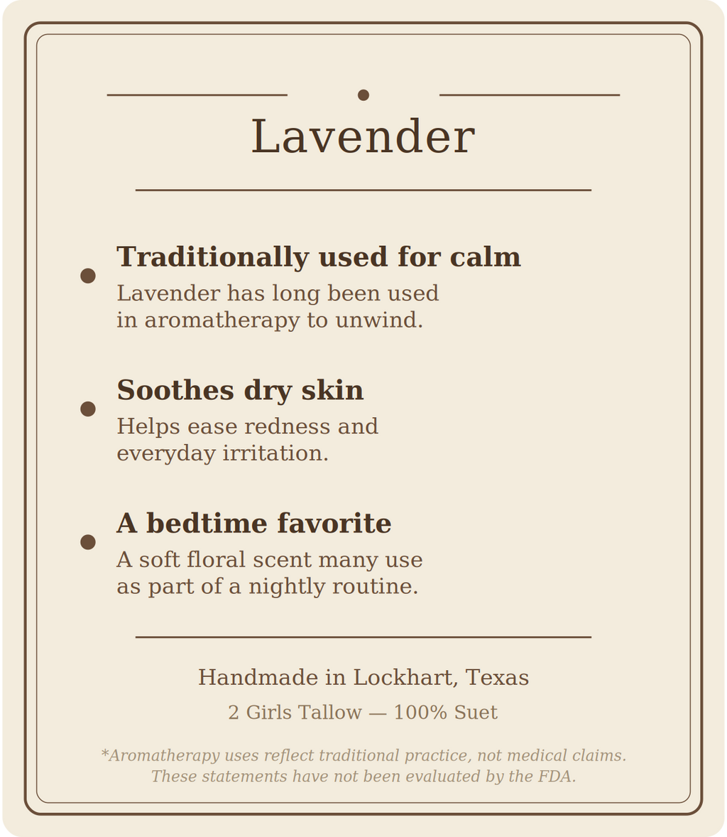 Beige card titled "Lavender" listing three points: traditionally used for calm (lavender has long been used in aromatherapy to unwind), soothes dry skin (helps ease redness and everyday irritation), and a bedtime favorite (a soft floral scent many use as part of a nightly routine). Footer reads "Handmade in Lockhart, Texas. 2 Girls Tallow, 100% suet," followed by a note that aromatherapy uses reflect traditional practice, not medical claims, and that these statements have not been evaluated by the FDA.