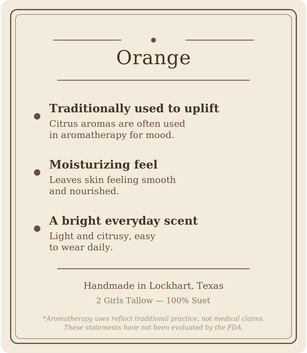 Beige card titled "Orange" listing three points: traditionally used to uplift (citrus aromas are often used in aromatherapy for mood), moisturizing feel (leaves skin feeling smooth and nourished), and a bright everyday scent (light and citrusy, easy to wear daily). Footer reads "Handmade in Lockhart, Texas. 2 Girls Tallow, 100% suet," followed by a note that aromatherapy uses reflect traditional practice, not medical claims, and that these statements have not been evaluated by the FDA.