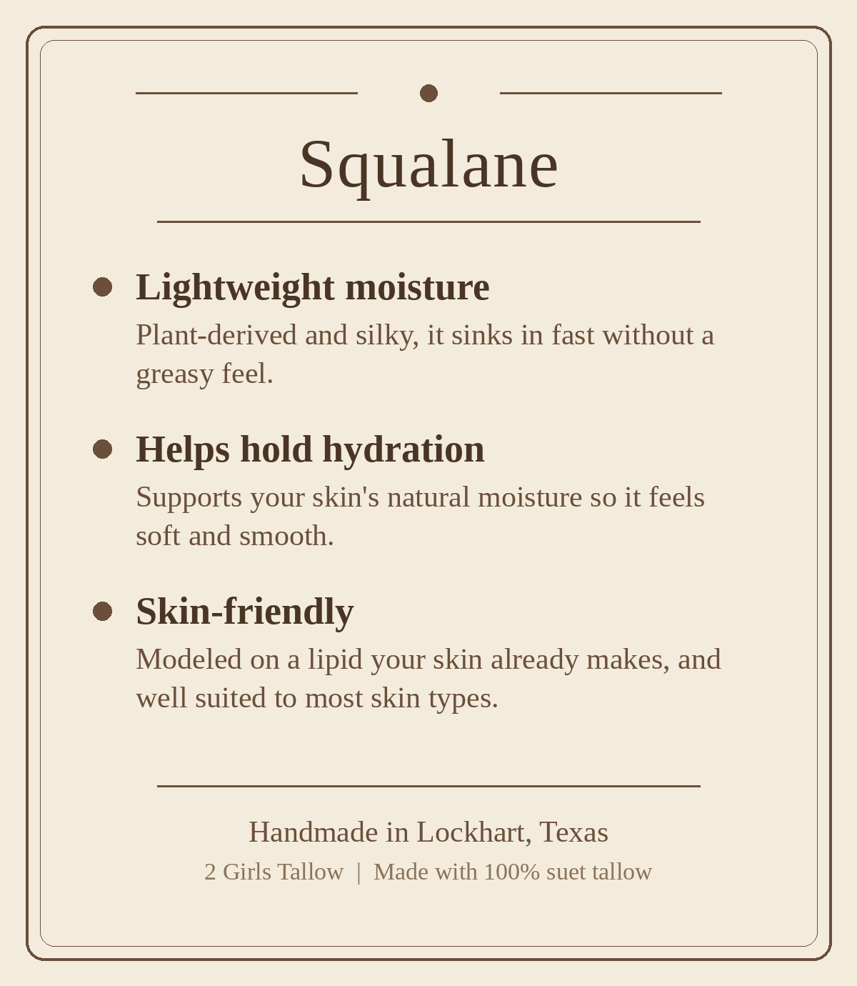 Beige card titled "Squalane" listing three benefits: lightweight moisture (plant-derived and silky, sinks in fast without a greasy feel), helps hold hydration (supports skin's natural moisture so it feels soft and smooth), and skin-friendly (modeled on a lipid your skin already makes, well suited to most skin types). Footer reads "Handmade in Lockhart, Texas. 2 Girls Tallow | Made with 100% suet tallow."