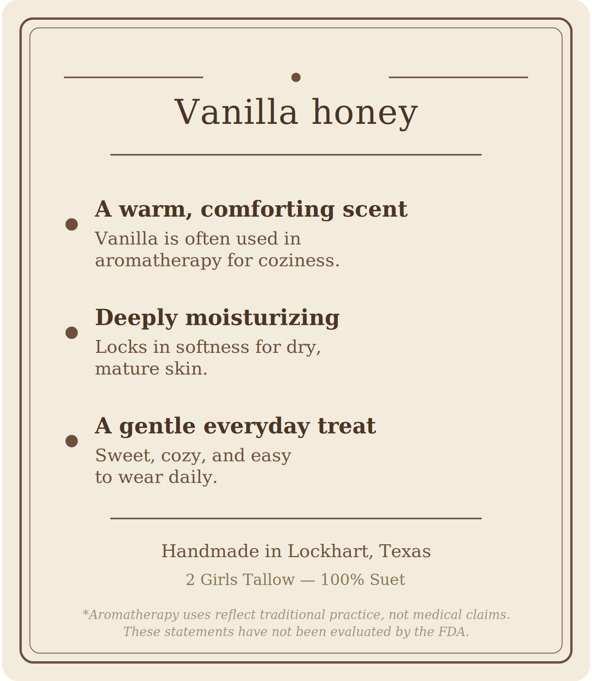 Beige card titled "Vanilla honey" listing three points: a warm, comforting scent (vanilla is often used in aromatherapy for coziness), deeply moisturizing (locks in softness for dry, mature skin), and a gentle everyday treat (sweet, cozy, and easy to wear daily). Footer reads "Handmade in Lockhart, Texas. 2 Girls Tallow, 100% suet," followed by a note that aromatherapy uses reflect traditional practice, not medical claims, and that these statements have not been evaluated by the FDA.